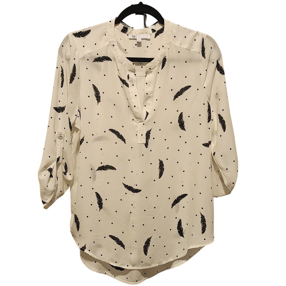 DR2 Women White Black Feather Polka Dot Print V-Neck Roll Tab Blouse DR14198PR1